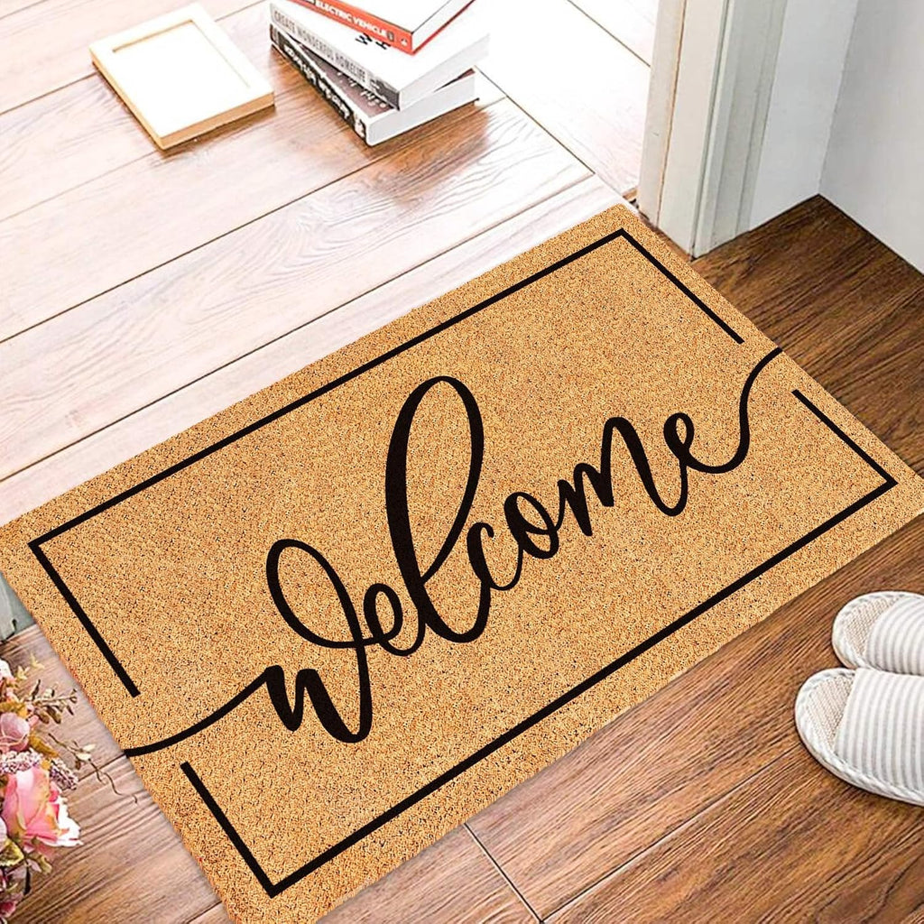 Natural Coir Welcome Doormat Rustic Brown Black Border Non Slip