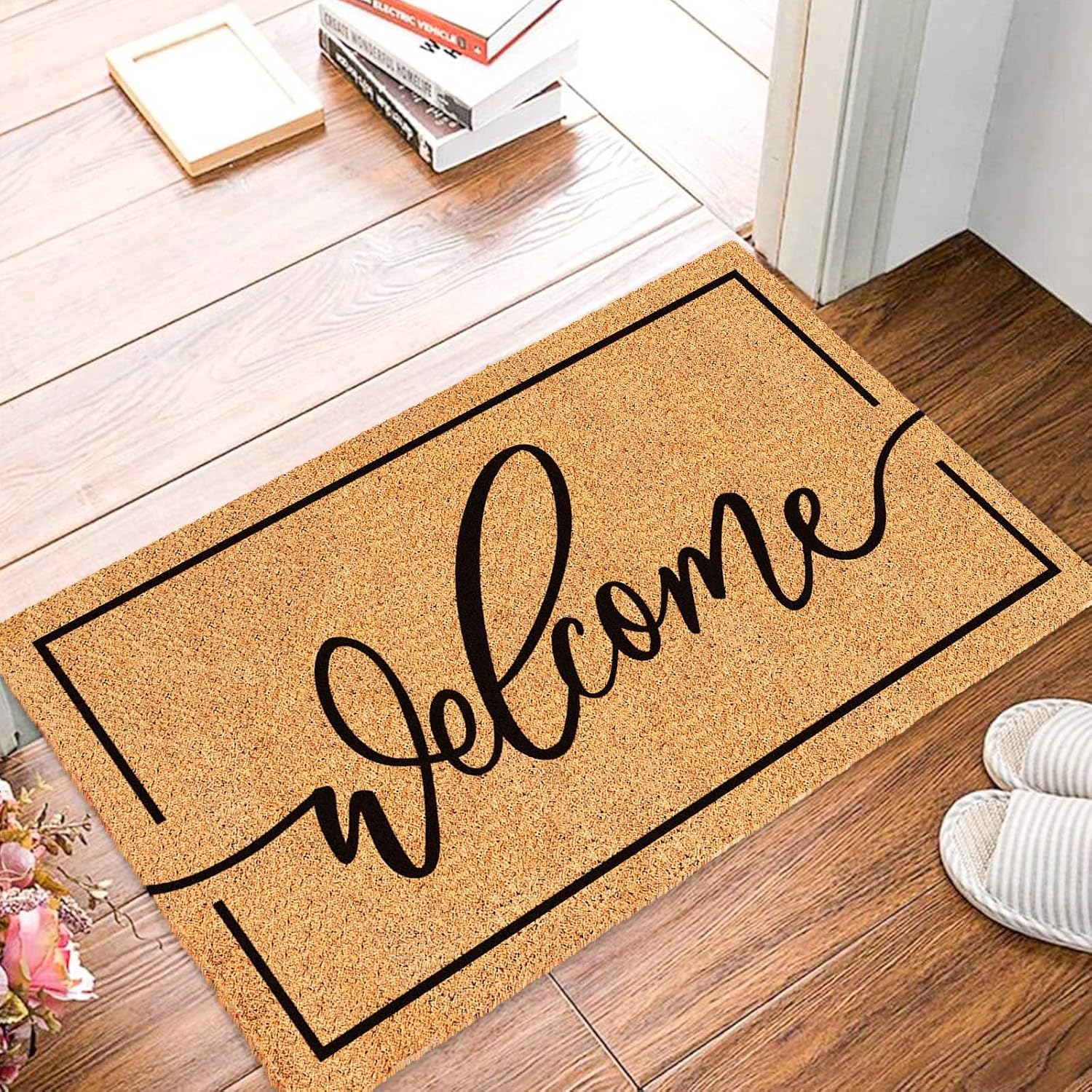 Natural Coir Welcome Doormat Rustic Brown Black Border Non Slip