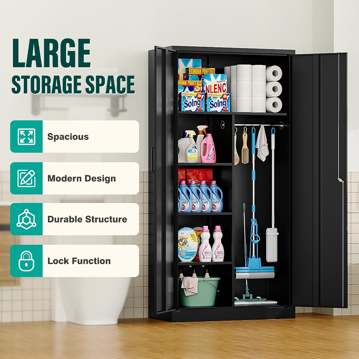 Black Tall Lockable Metal Wardrobe Garage Storage Cabinet
