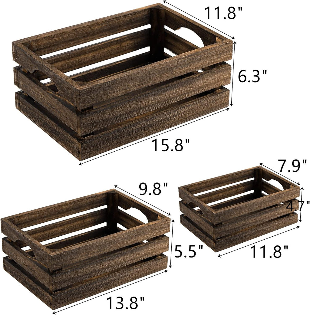 3 Pack Rustic Nesting Wood Crates With Handles Storage