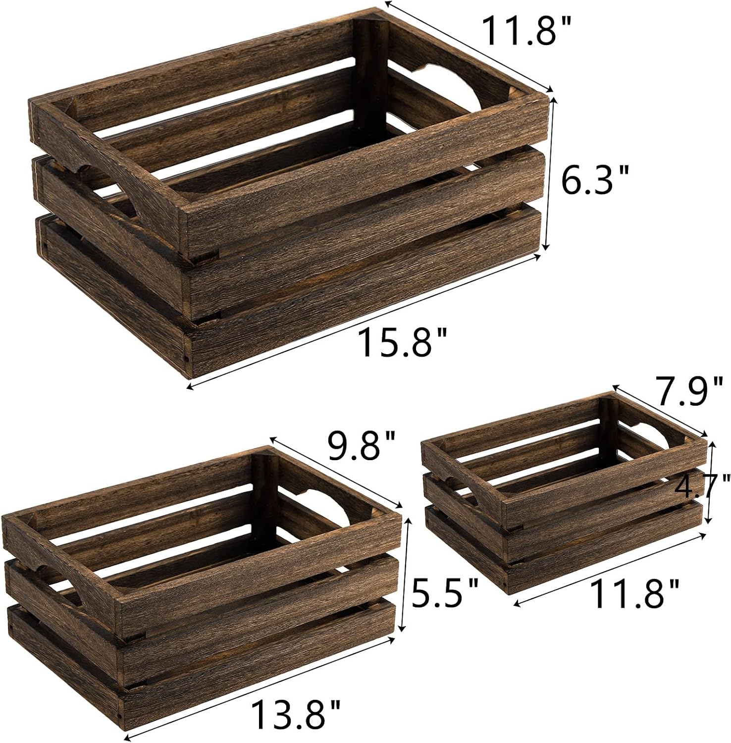 3 Pack Rustic Nesting Wood Crates With Handles Storage