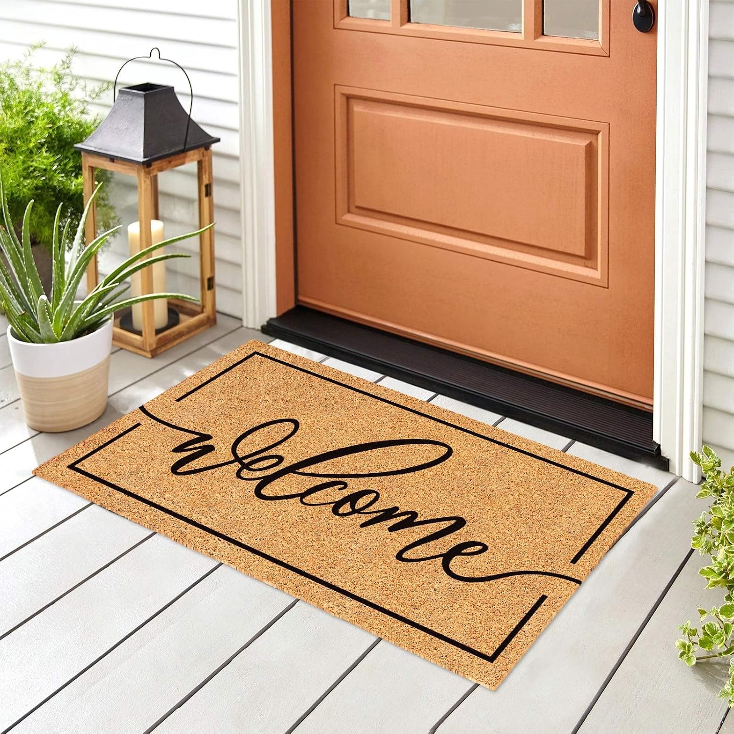 Natural Coir Welcome Doormat Rustic Brown Black Border Non Slip