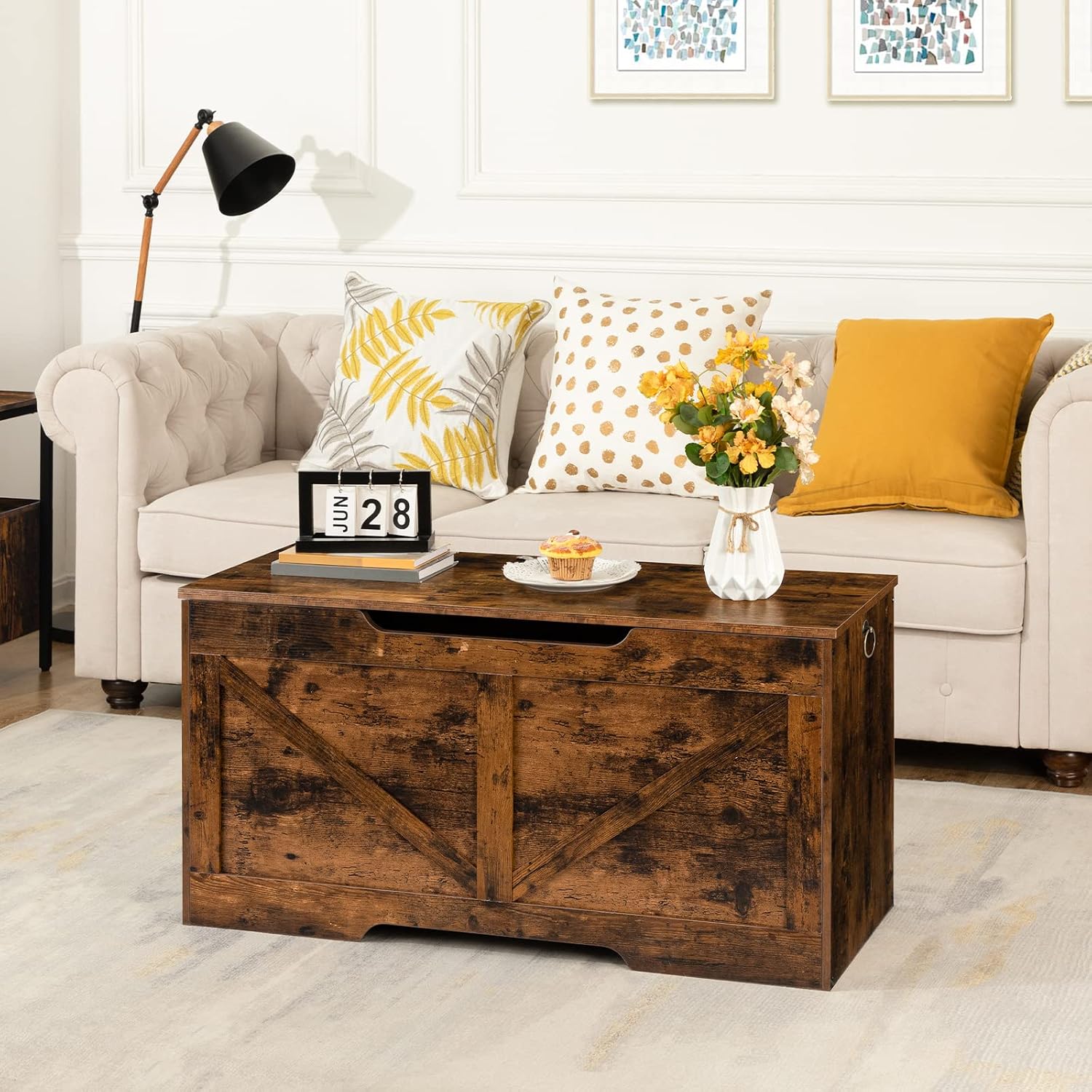 Rustic Brown 39.4in Storage Bench Safety Hinge Toy Chest
