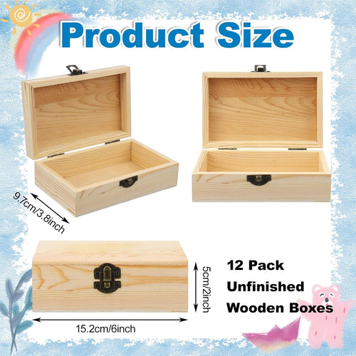 12 Pack Unfinished Wood Jewelry Box Hinged Lid DIY Craft