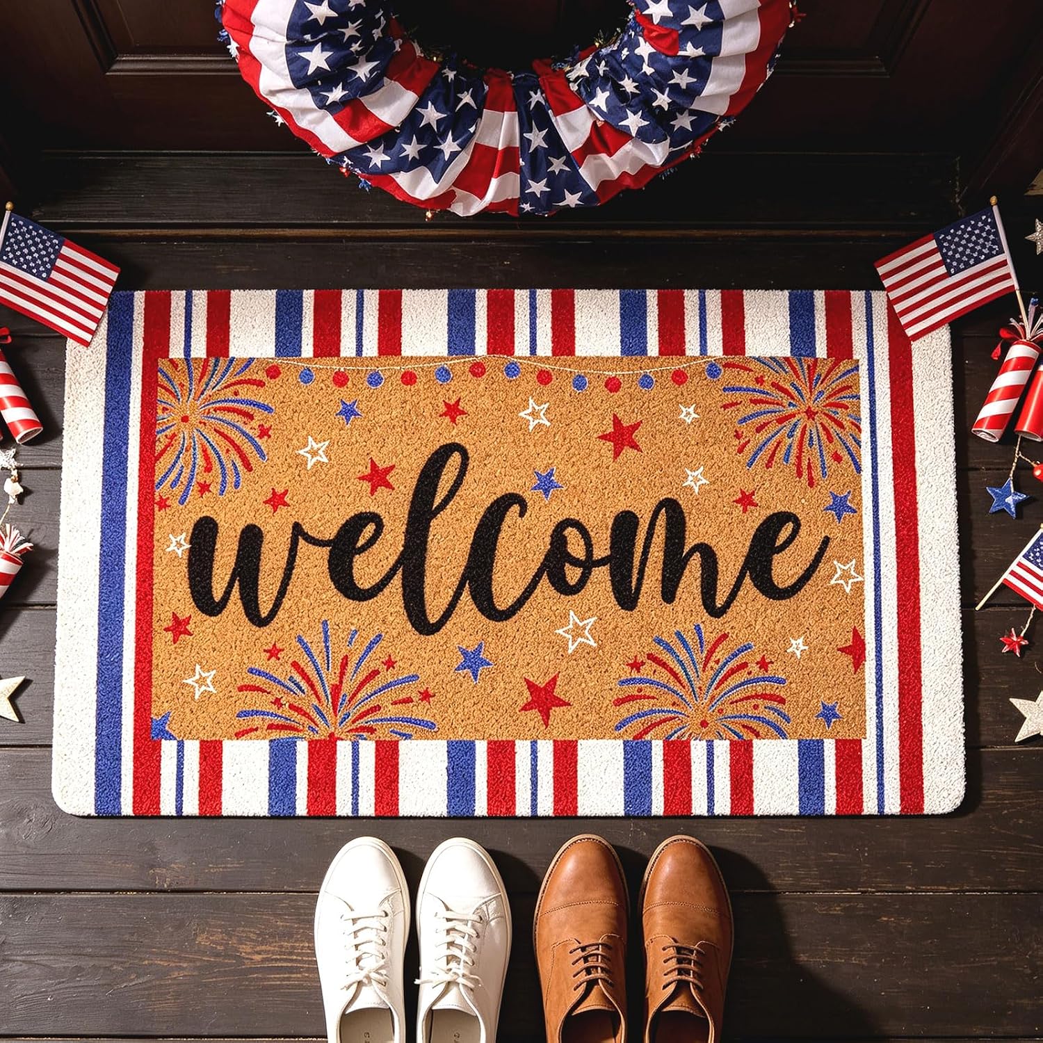 17x30 Patriotic Red White Blue Coir Welcome Doormat