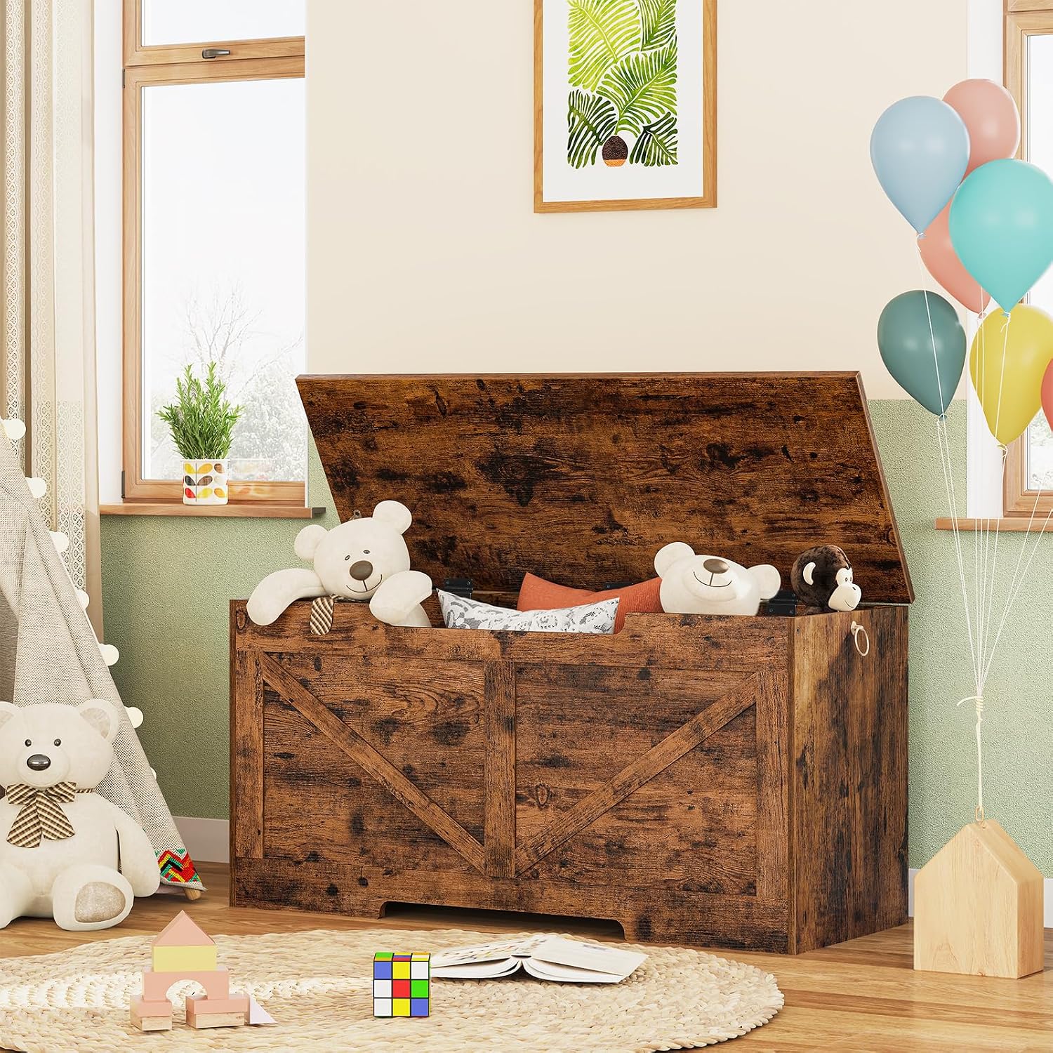 Rustic Brown 39.4in Storage Bench Safety Hinge Toy Chest