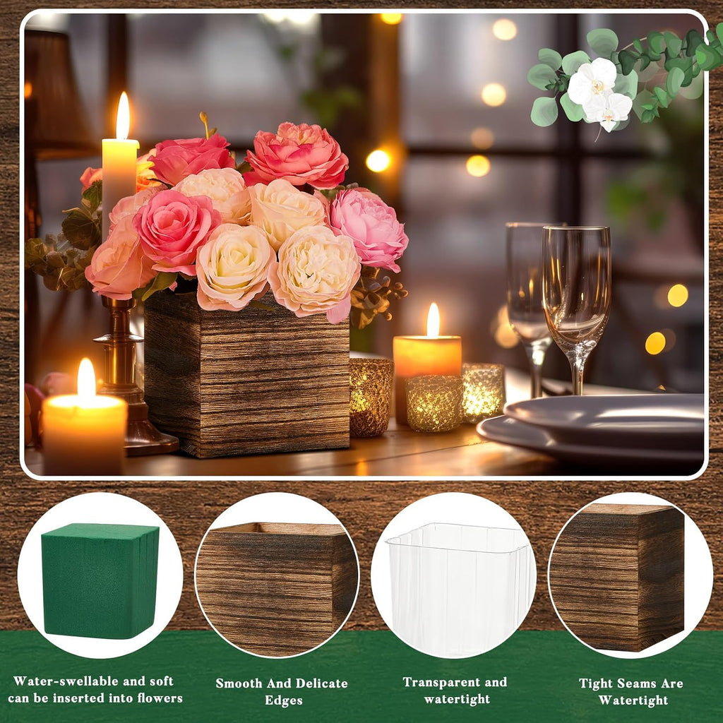 12 Pack Rustic Wood Cube Planter Box Plastic Liner