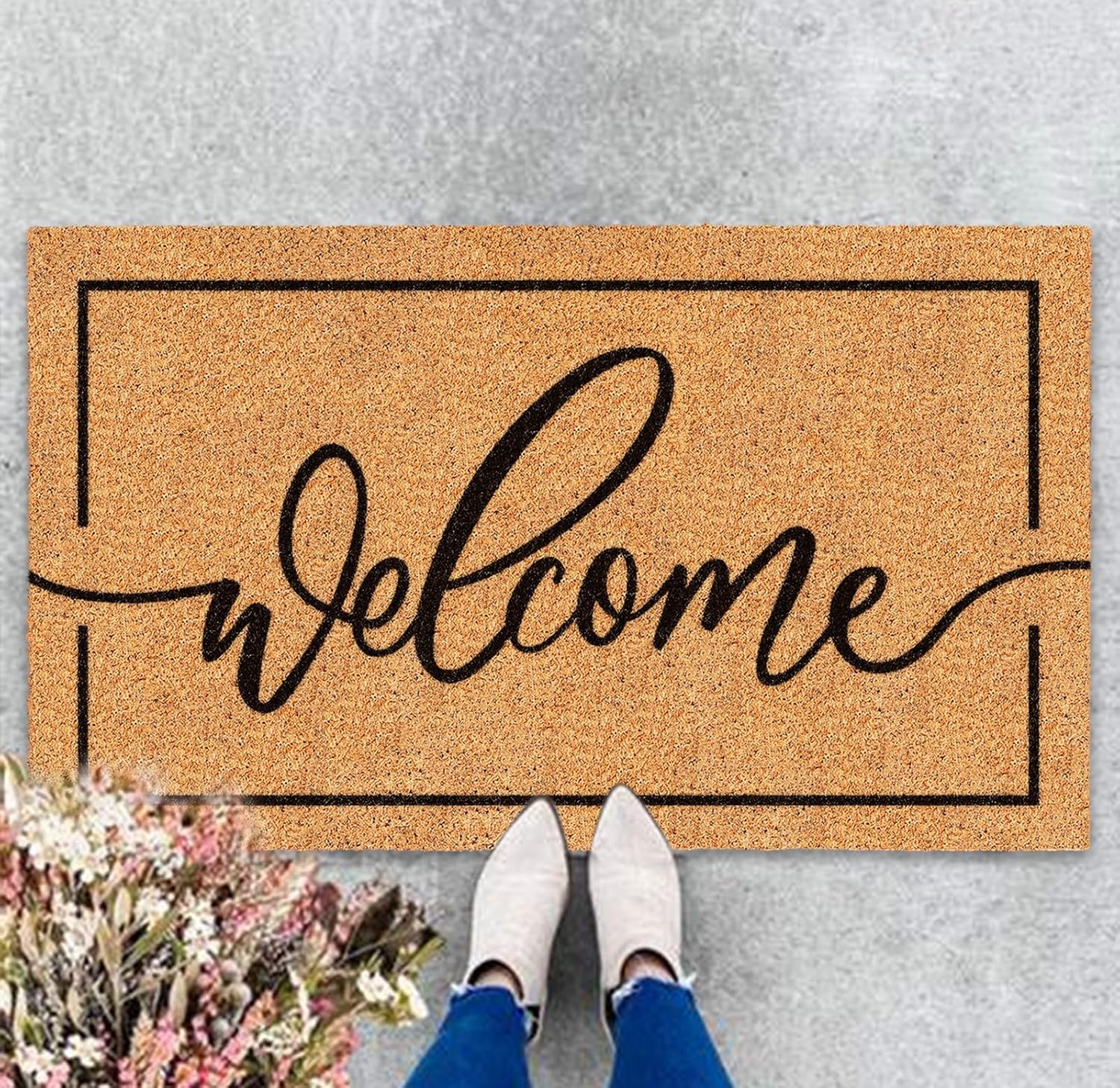 Natural Coir Welcome Doormat Rustic Brown Black Border Non Slip