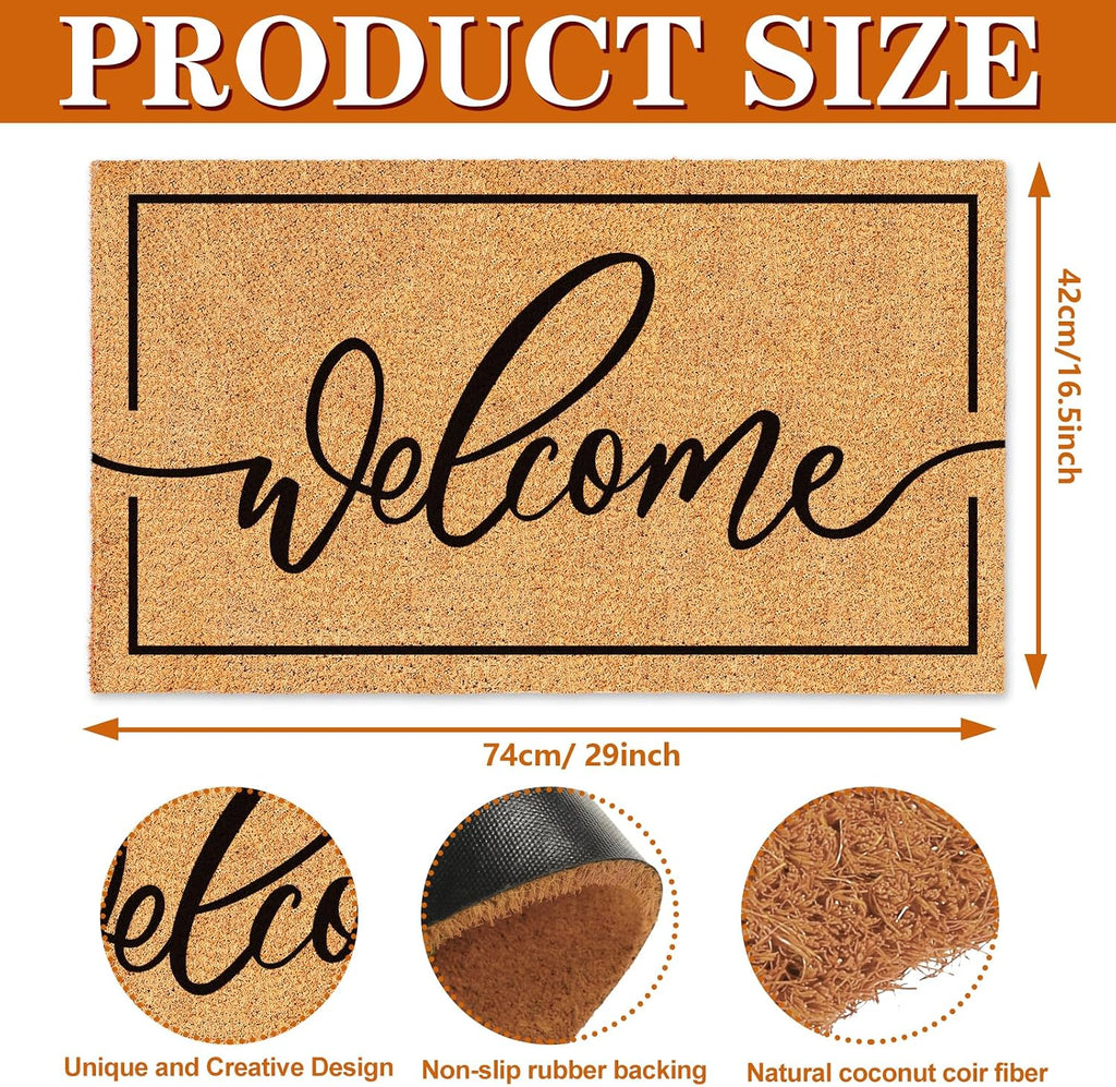 Natural Coir Welcome Doormat Rustic Brown Black Border Non Slip