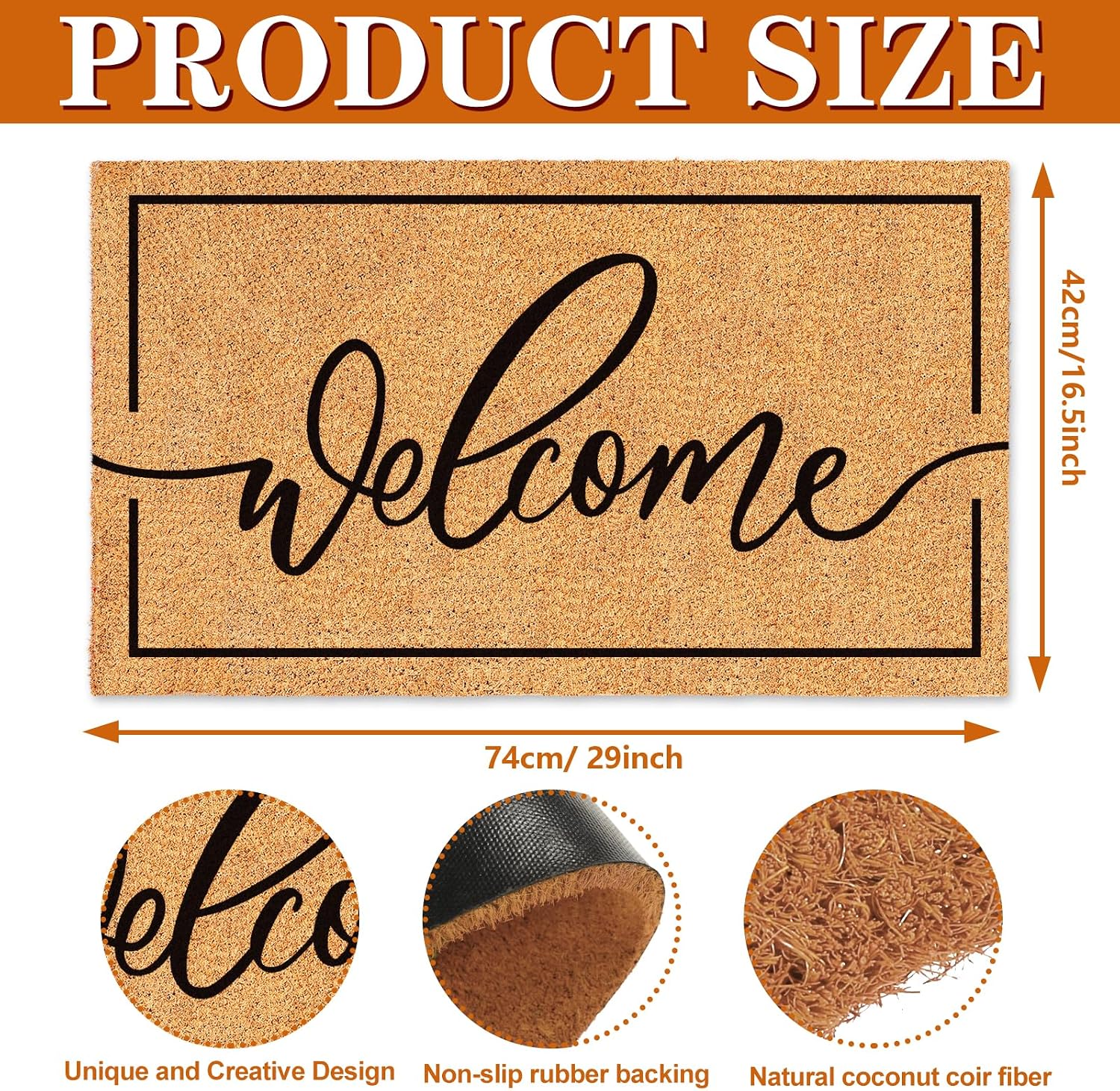 Natural Coir Welcome Doormat Rustic Brown Black Border Non Slip