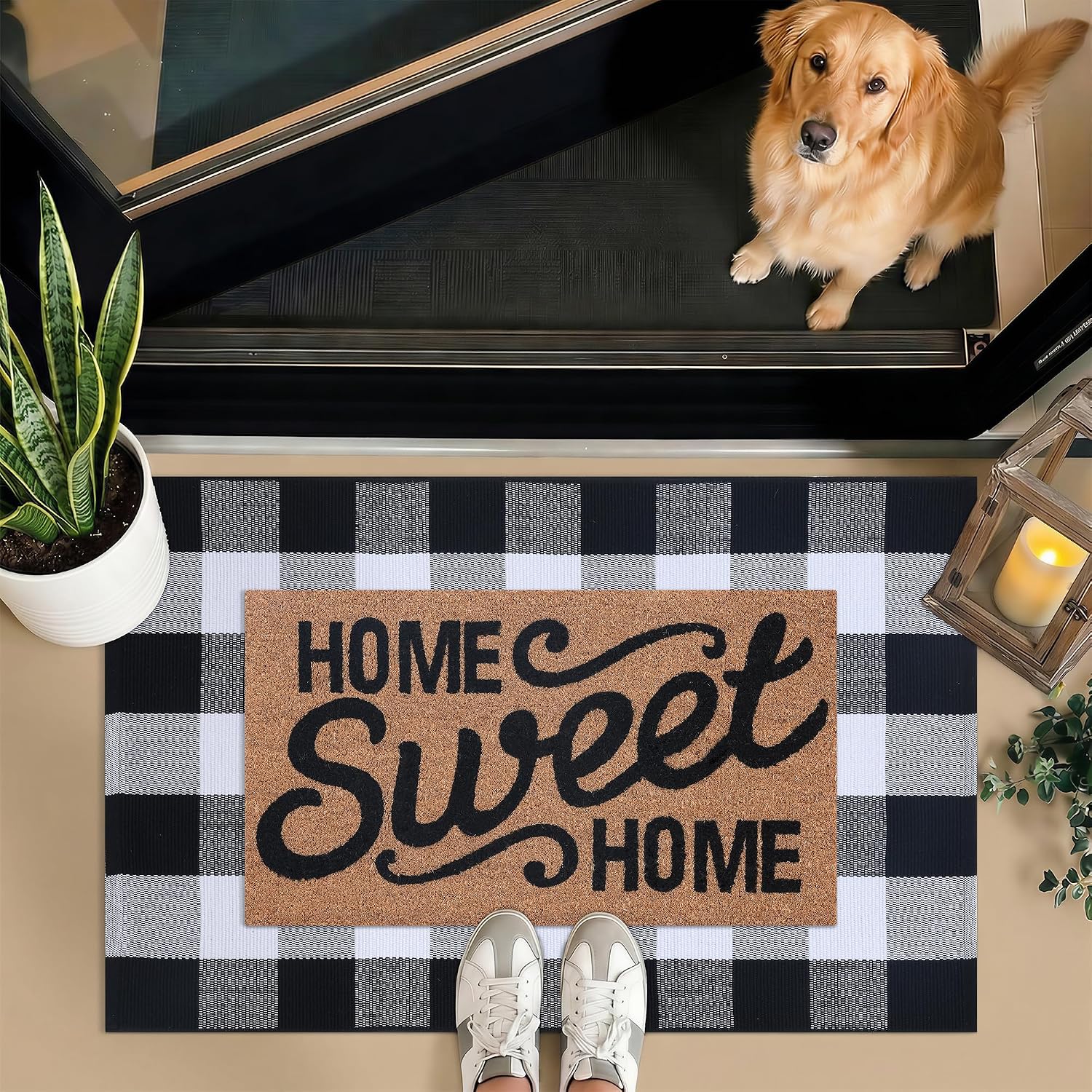 2 Pack Buffalo Plaid Coir Home Sweet Home Doormat