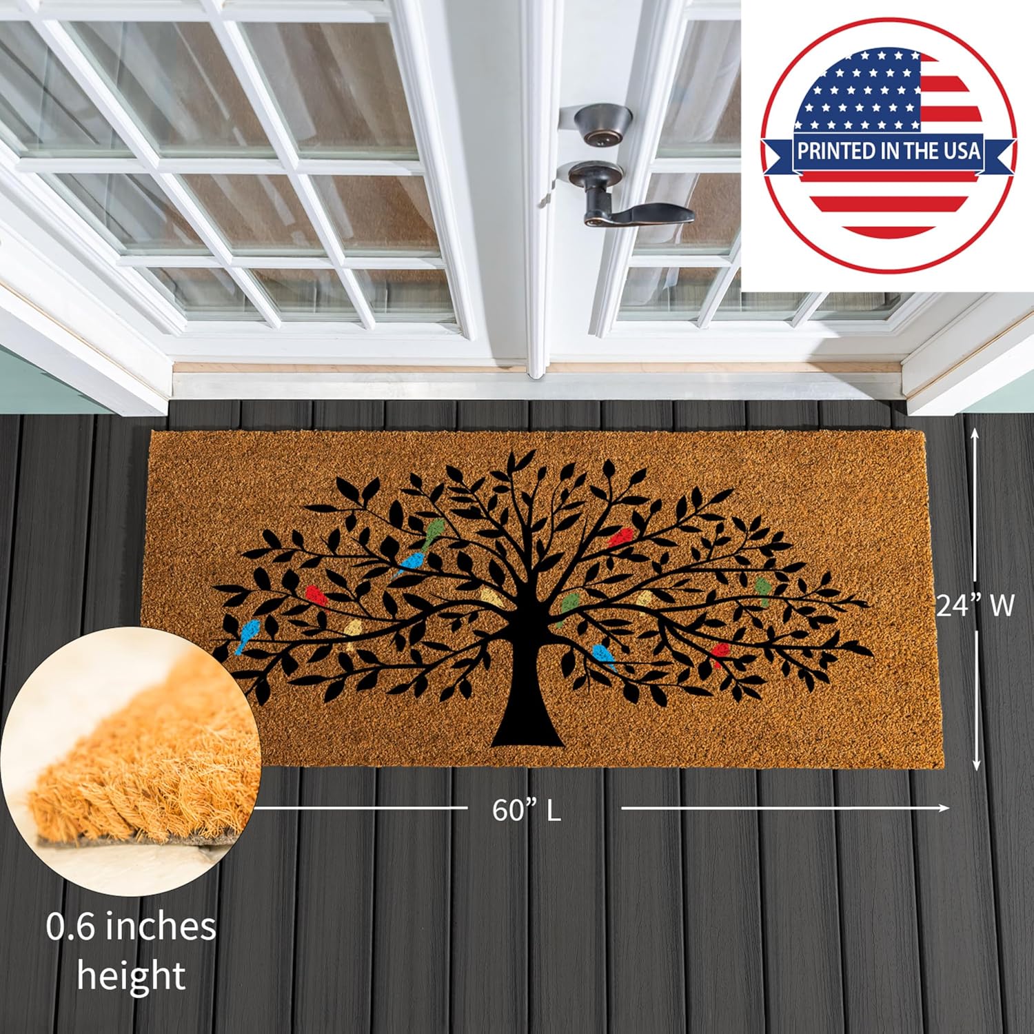 24x60 Tree of Life Coir Doormat Non Slip Multi Color Birds