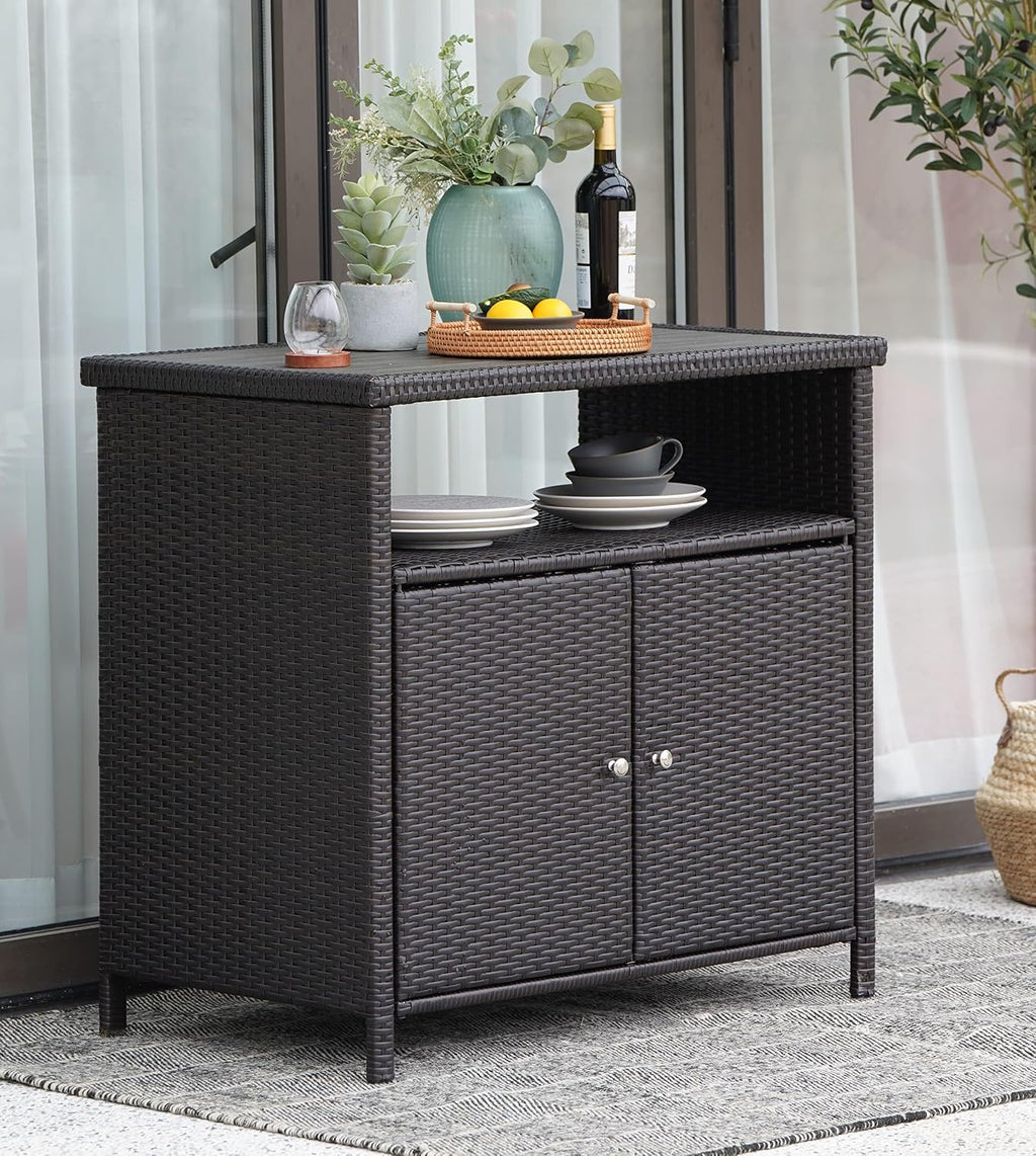Dark Brown Waterproof Wicker Outdoor Storage Sideboard Cabinet