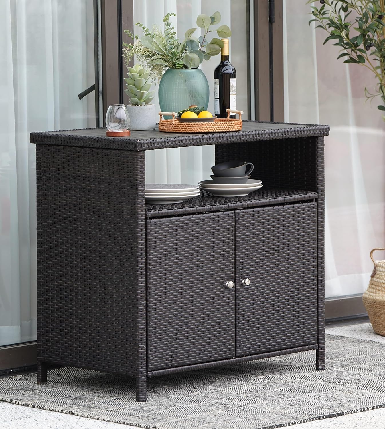 Dark Brown Waterproof Wicker Outdoor Storage Sideboard Cabinet